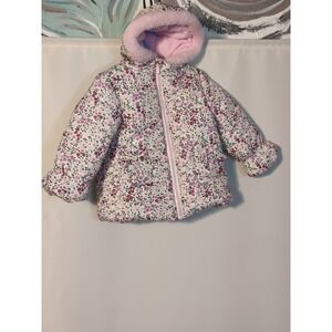 Kensie Girl Floral Puffer Zip Up Jacket Fully Lined Hood Faux Fur 18 Month